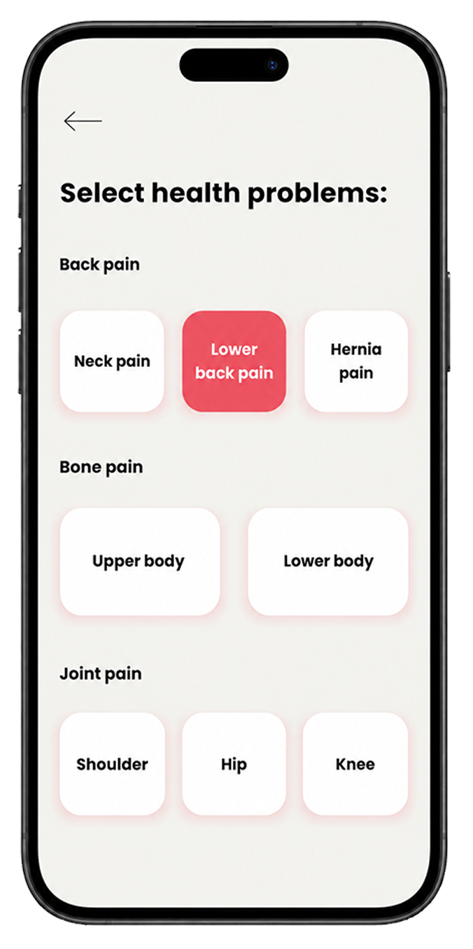 Actual eXRcise screen: health concerns selection, with Lower Back Pain highlighted