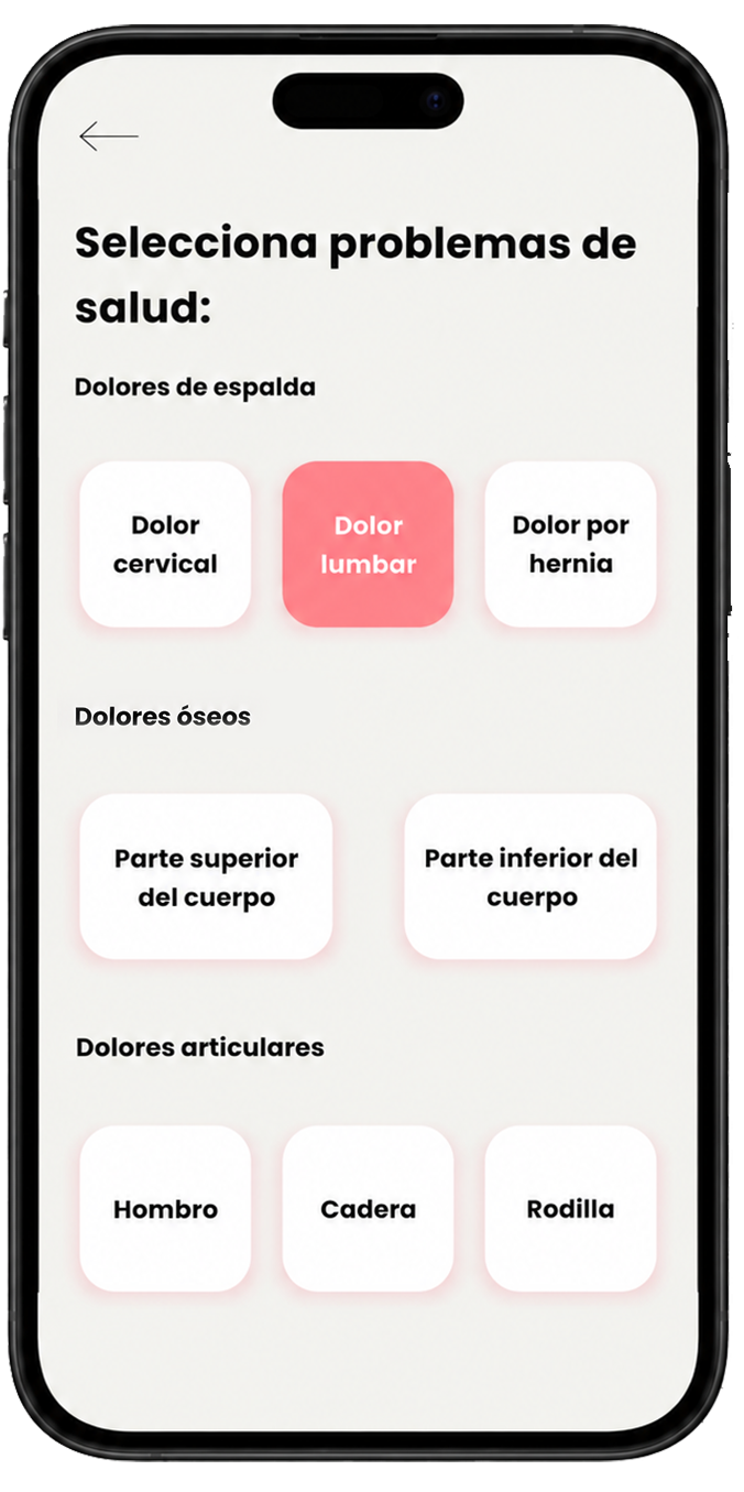 Pantalla real de eXRcise: selección de problemas de salud, con Dolor lumbar destacado