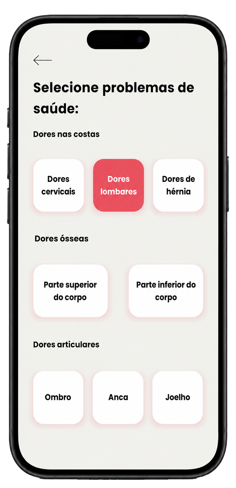 Ecrã real da eXRcise: seleção de problemas de saúde, com Dor lombar em destaque