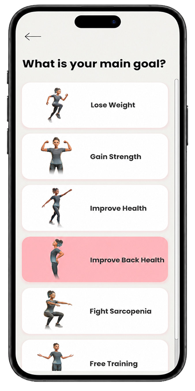 Actual eXRcise screen: main goal selection, with Improve Back Health highlighted