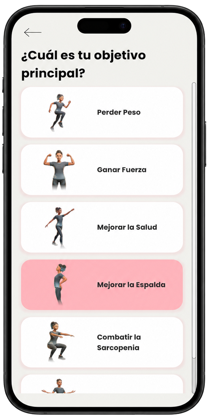 Pantalla real de eXRcise: selección del objetivo principal, con Mejorar la Espalda destacado