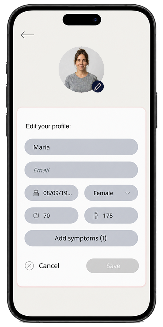Actual eXRcise screen: profile editing with user photo