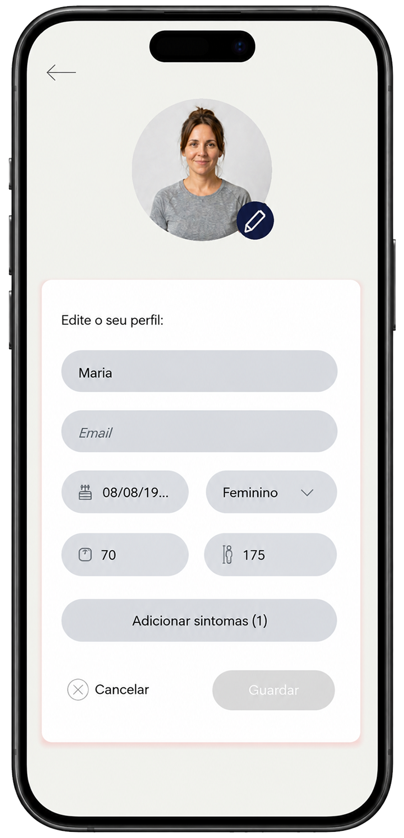 Ecrã real da eXRcise: edição do perfil com fotografia do utilizador