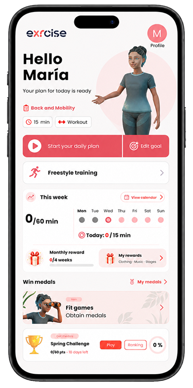 Actual eXRcise screen: daily plan ready, with Back and Mobility as the goal