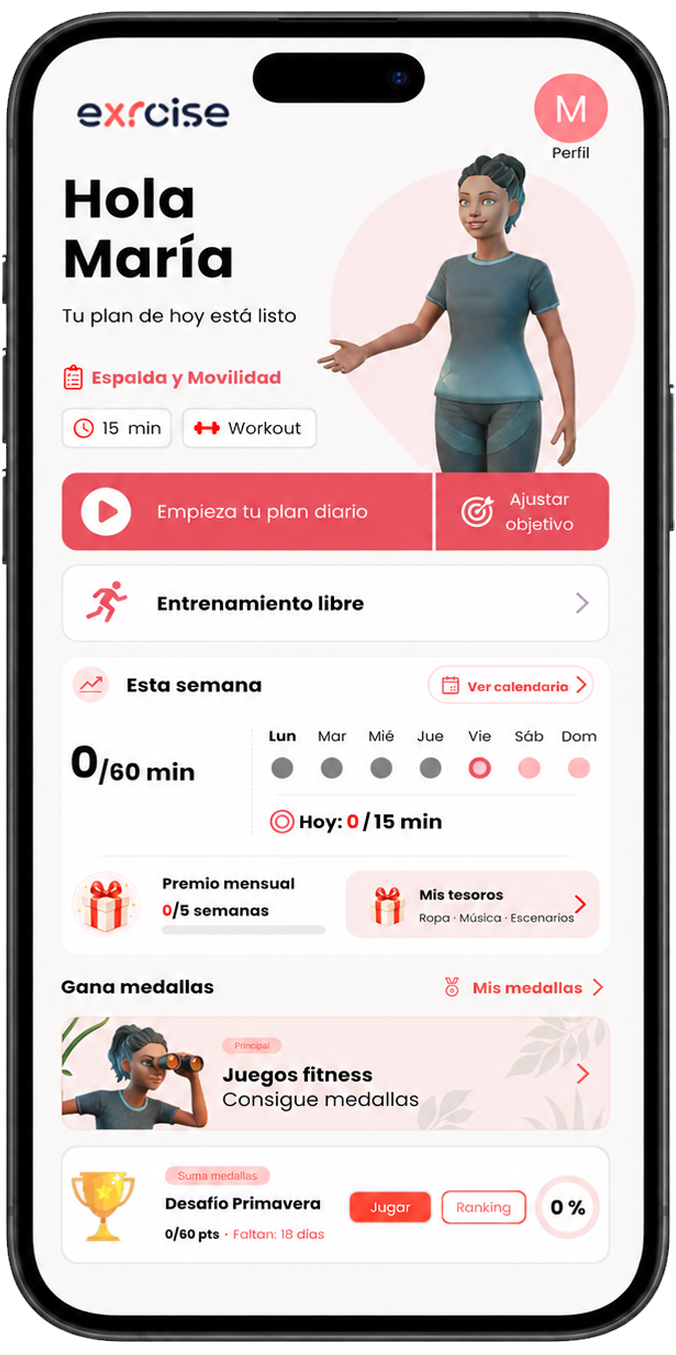 Pantalla real de eXRcise: plan diario listo, con objetivo Espalda y Movilidad