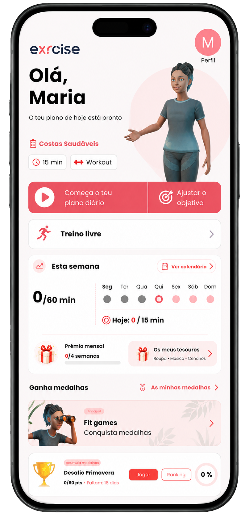 Ecrã real da eXRcise: plano diário pronto, com o objetivo Costas e mobilidade