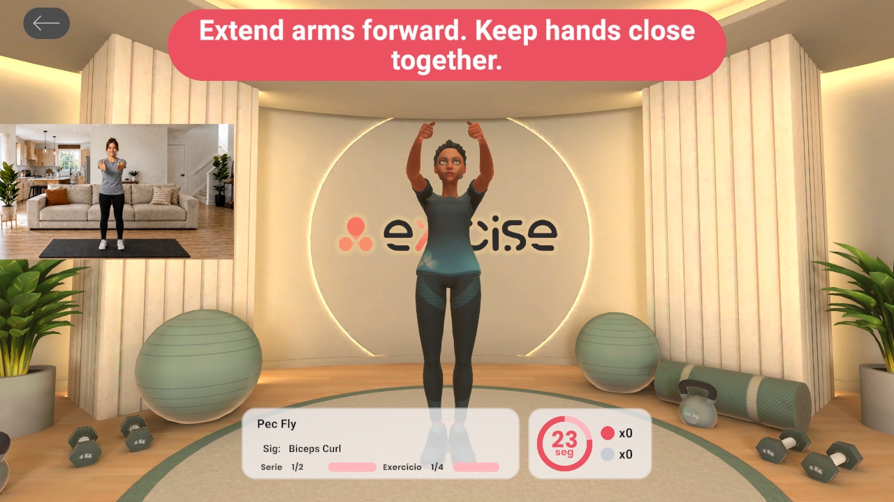 Actual eXRcise screen: the virtual trainer provides real-time exercise feedback
