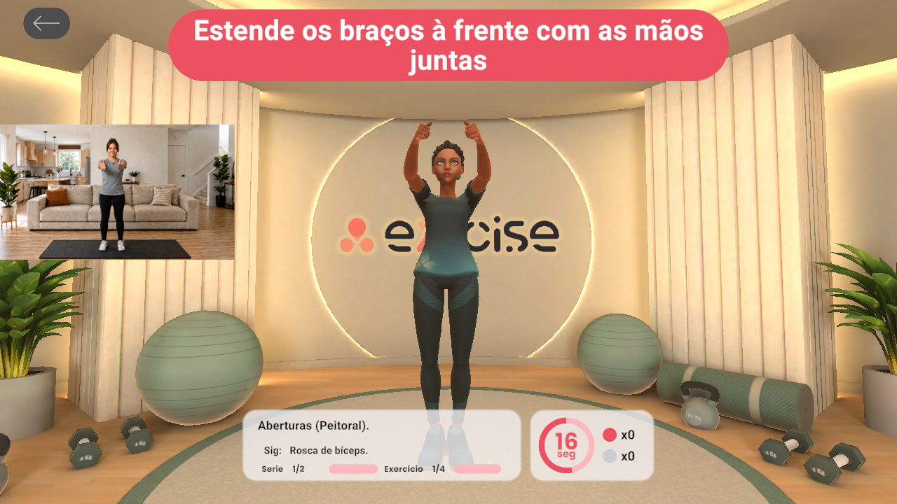 Ecrã real da eXRcise: a treinadora virtual corrige o exercício em tempo real