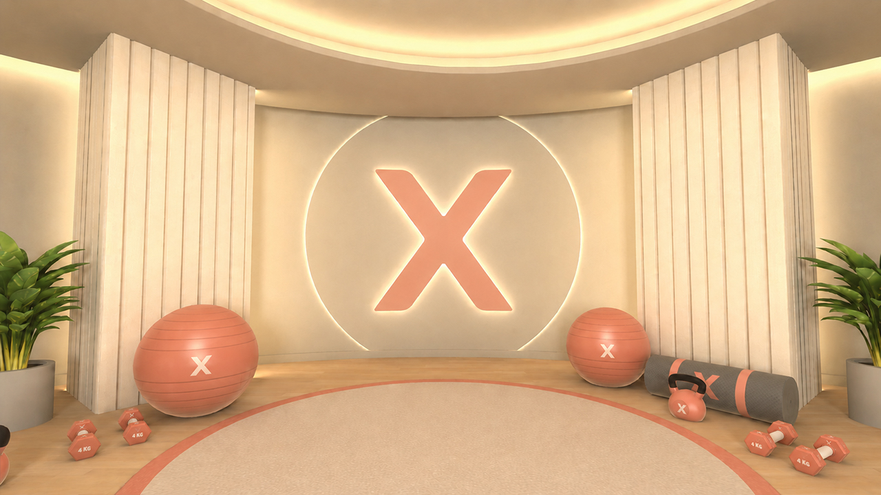 Entorno con marca integrada en los objetos: pelota, esterilla y kettlebell personalizados