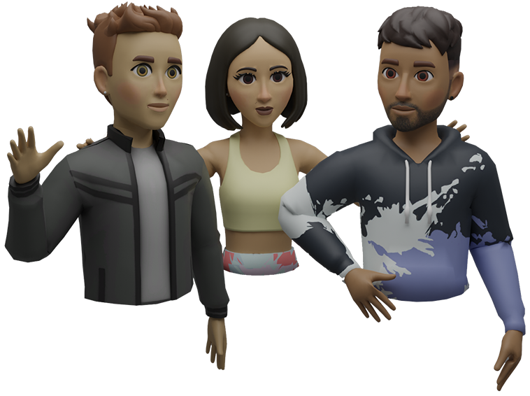Tres avatares de amigos entrenando juntos en modo online