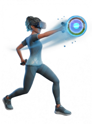 Avatar con gafas de realidad virtual y mandos, con coordenadas de seguimiento