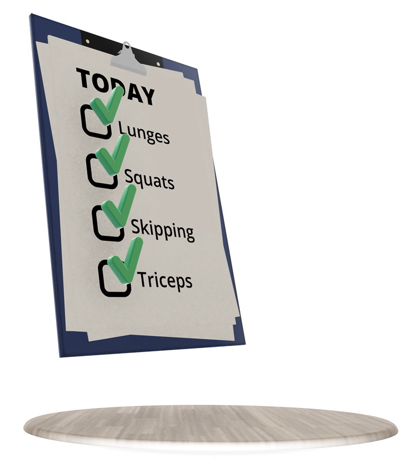 Tablilla 3D con el plan de entrenamiento del día: zancadas, sentadillas, skipping y tríceps
