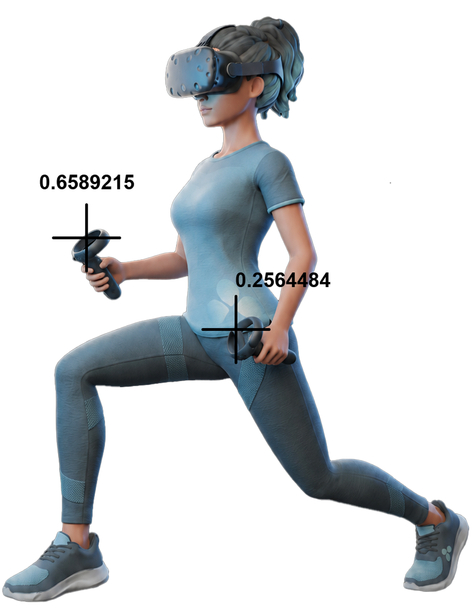 Avatar con gafas de realidad virtual y mandos, con coordenadas de seguimiento de precisión